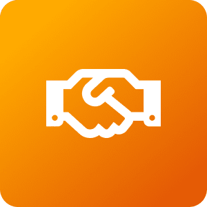 White handshake icon in UI frame on orange background, partnership agreement symbol