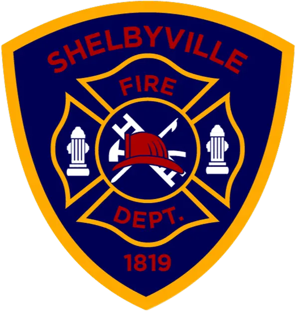Shelbyville Fire Department badge with red helmet, shield, and 1819 insignia