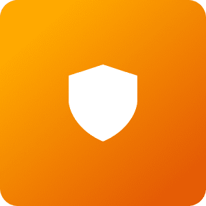 Orange rounded square background with centered white shield icon