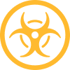 Yellow biohazard warning emblem icon on muted olive green background, vector style